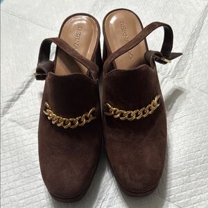 Bernardo Brown and Gold Mules with Chain Detail
